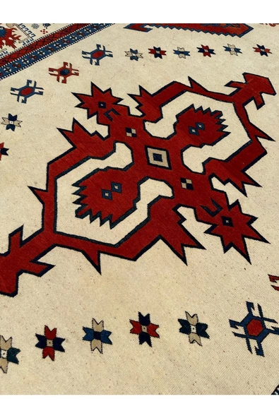 EL DOKUMA ESKİTME ANTİK YÖRÜN ÇANAKKALE HALISI 200X250 MAVİ KIRMIZI KÖK BOYA VİNTAGE HALI - Resim 4