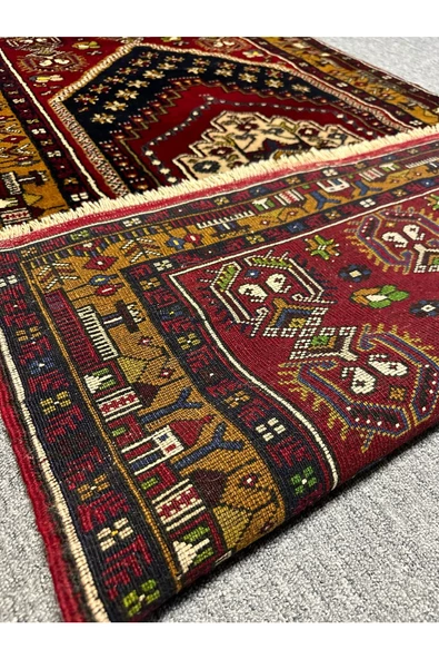 El Dokuma Türk Halısı Yahyalı 103x180 Kırmızı Lacivert Kök Boy %100 Yün Halı ! - 6
