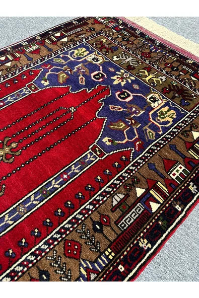 EL DOKUMA YAHYALI HALISI SECCADE 100X200 KIRMIZI LACİVERT KÖK BOYA YÜN NAMAZLIK - 7