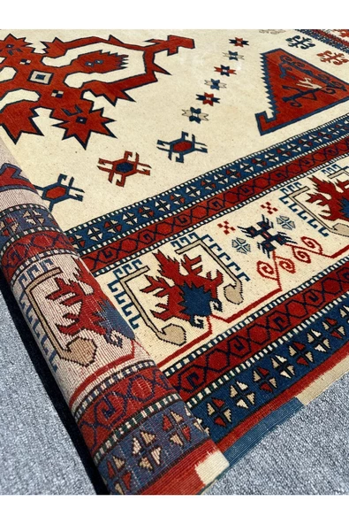 EL DOKUMA ESKİTME ANTİK YÖRÜN ÇANAKKALE HALISI 200X250 MAVİ KIRMIZI KÖK BOYA VİNTAGE HALI - Resim 8