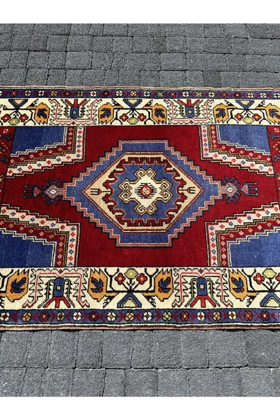 EL DOKUMA İNCE YAHYALI HALISI 87X140 KIRMIZI LACİVERT %100 YÜN HALI ! - 3