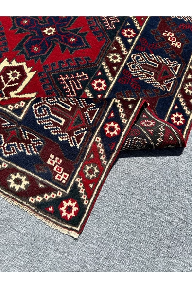 El Dokuma Döşemealtı Halısı 118x190 Kırmızı Lacivert Kök Boya Yün Halı - Resim 5
