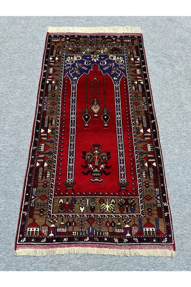 EL DOKUMA YAHYALI HALISI SECCADE 100X200 KIRMIZI LACİVERT KÖK BOYA YÜN NAMAZLIK