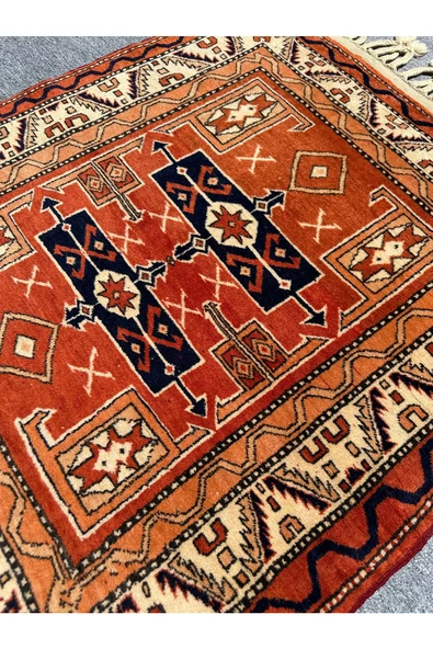 El Dokuma İzmir Bergama Halısı 102x120 Kiremit Kök Boya Halı - Resim 3