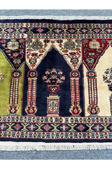 El Dokuma Afgan Halısı Saf Seccade Namazlık 86x152 Yeşil Lacivert Krem %100 Yün ! - 3