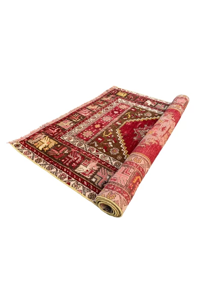 EL DOKUMA ANTİKA ESKİ HALI 100X160 KIRMIZI KÖK BOYA %100 YÜN HALI - 4