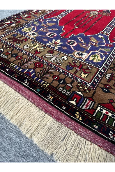 EL DOKUMA YAHYALI HALISI SECCADE 100X200 KIRMIZI LACİVERT KÖK BOYA YÜN NAMAZLIK - 6