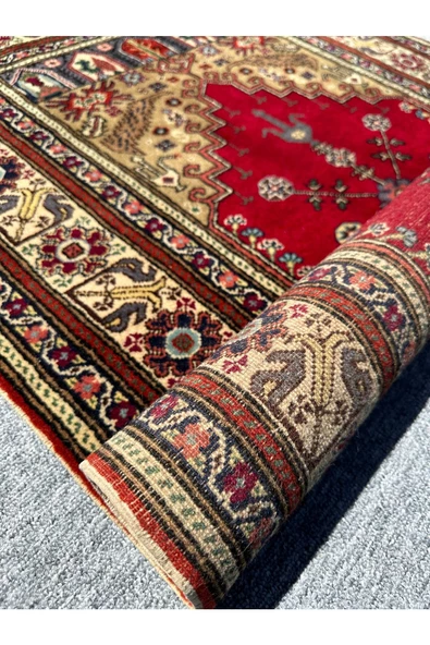 El Dokuma Bünyan Halısı Seccade 90x140 Kırmızı Yeşil Yün Seccade - 5