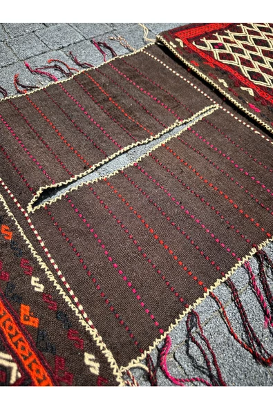 El Dokuma Yağcıbedir Kilim Heybe 45x130 Kahve Kırmızı Kök Boya Heybe - Resim 5