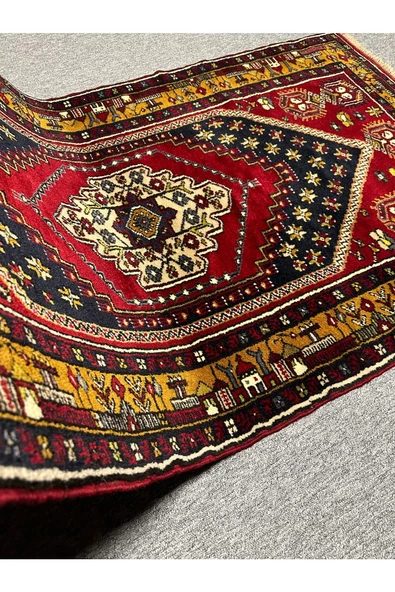 El Dokuma Türk Halısı Yahyalı 103x180 Kırmızı Lacivert Kök Boy %100 Yün Halı ! - 5