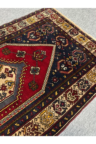 EL DOKUMA YAHYALI TÜRK HALISI 110X200 LACİVERT KIRMIZI %100 YÜN HALI ! - Resim 4