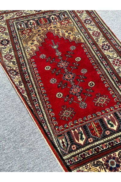 El Dokuma Bünyan Halısı Seccade 90x140 Kırmızı Yeşil Yün Seccade - 3