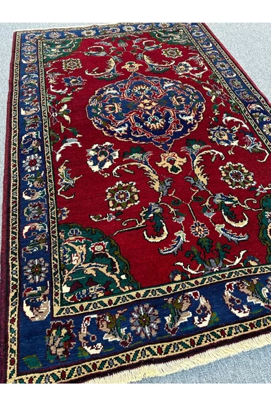 El Dokuması Çeyiz Halısı 125x190 Göbekli Kırmızı Lacivert %100 Yün Halı ! - Resim 2