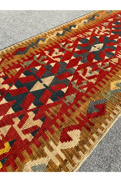 EL DOKUMA KİLİM 87X285 KÖK BOYA %100 YÜN KIRMIZI MAVİ KİLİM YOLLUK - Resim 2