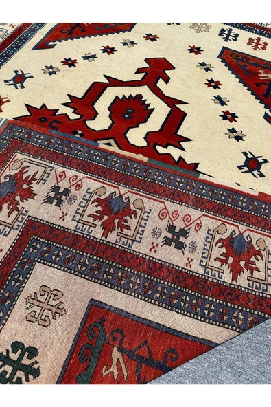 EL DOKUMA ESKİTME ANTİK YÖRÜN ÇANAKKALE HALISI 200X250 MAVİ KIRMIZI KÖK BOYA VİNTAGE HALI - Resim 5