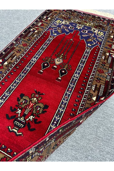 EL DOKUMA YAHYALI HALISI SECCADE 100X200 KIRMIZI LACİVERT KÖK BOYA YÜN NAMAZLIK - 2