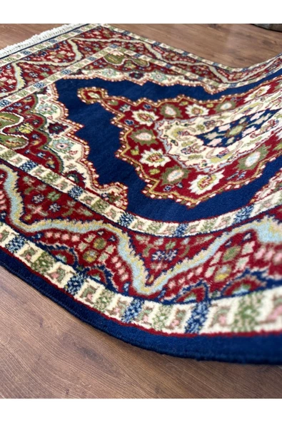 El Dokuma Iran Halısı Seccade 83x140 Lacivert Göbekli %100 Yün Halı ! - 8