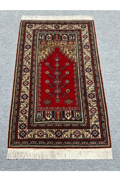 El Dokuma Bünyan Halısı Seccade 90x140 Kırmızı Yeşil Yün Seccade