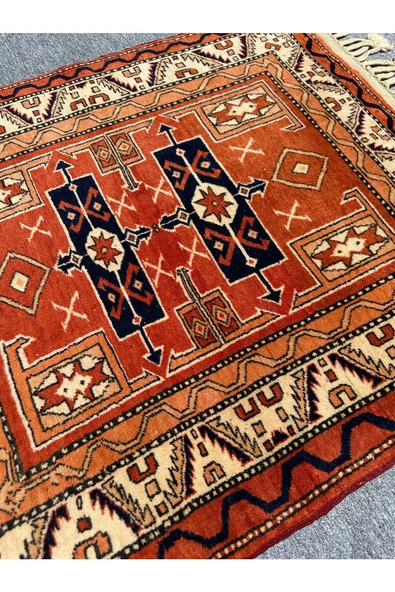 El Dokuma İzmir Bergama Halısı 102x120 Kiremit Kök Boya Halı - Resim 6