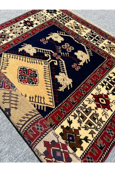 EL DOKUMA TAŞPINAR HALISI ÇEYİZLİK HEDİYELİK BÜYÜK SECCADE 136X236 LACİVERT KREM YÜN NAMAZLIK - 8