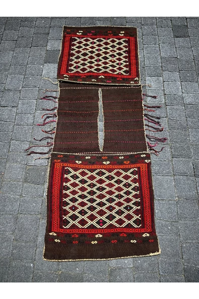 El Dokuma Yağcıbedir Kilim Heybe 45x130 Kahve Kırmızı Kök Boya Heybe ürün görseli
