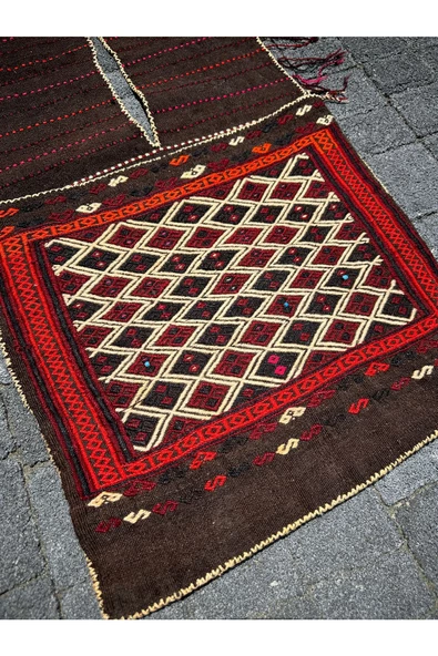El Dokuma Yağcıbedir Kilim Heybe 45x130 Kahve Kırmızı Kök Boya Heybe - Resim 2