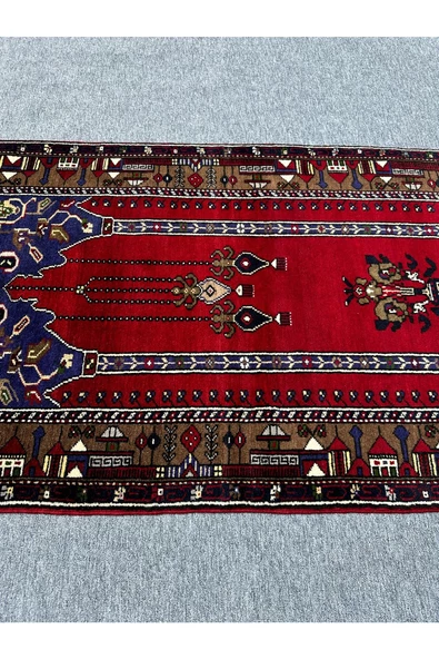 EL DOKUMA YAHYALI HALISI SECCADE 100X200 KIRMIZI LACİVERT KÖK BOYA YÜN NAMAZLIK - 4