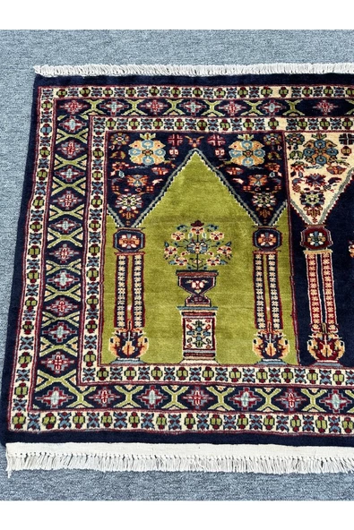 El Dokuma Afgan Halısı Saf Seccade Namazlık 86x152 Yeşil Lacivert Krem %100 Yün ! - 2