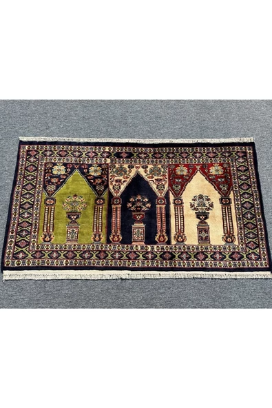 El Dokuma Afgan Halısı Saf Seccade Namazlık 86x152 Yeşil Lacivert Krem %100 Yün !