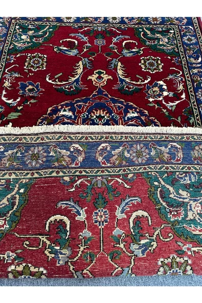 El Dokuması Çeyiz Halısı 125x190 Göbekli Kırmızı Lacivert %100 Yün Halı ! - Resim 5