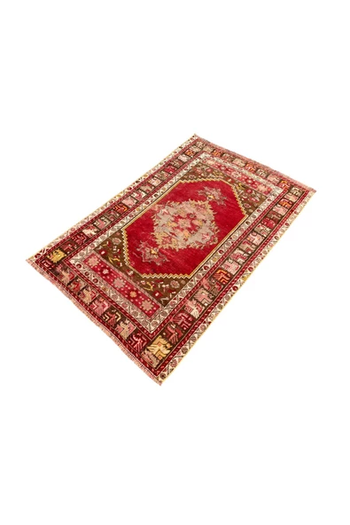 EL DOKUMA ANTİKA ESKİ HALI 100X160 KIRMIZI KÖK BOYA %100 YÜN HALI - 2