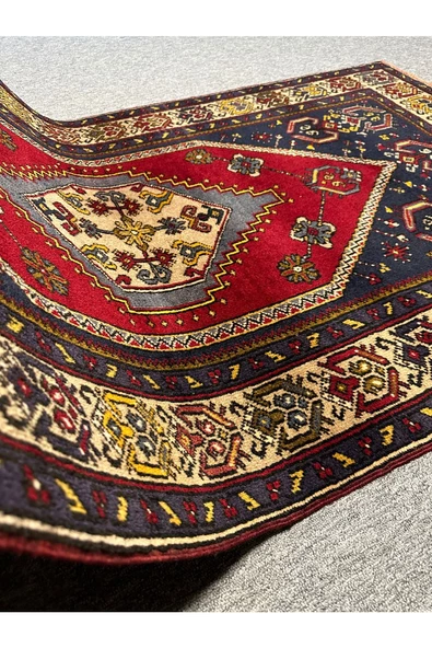 EL DOKUMA YAHYALI TÜRK HALISI 110X200 LACİVERT KIRMIZI %100 YÜN HALI ! - Resim 7