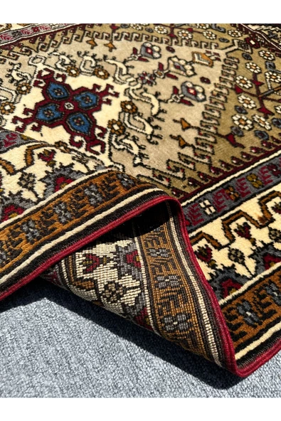 EL DOKUMA SIFIR YAHYALI HALISI 85X130 YEŞİL KREM %100 YÜN KÖK BOYA HALI - Resim 6