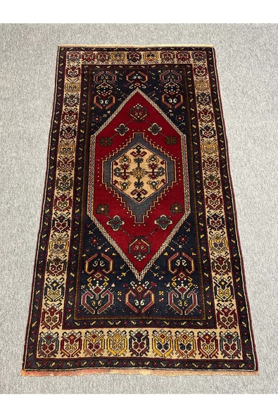 EL DOKUMA YAHYALI TÜRK HALISI 110X200 LACİVERT KIRMIZI %100 YÜN HALI ! ürün görseli