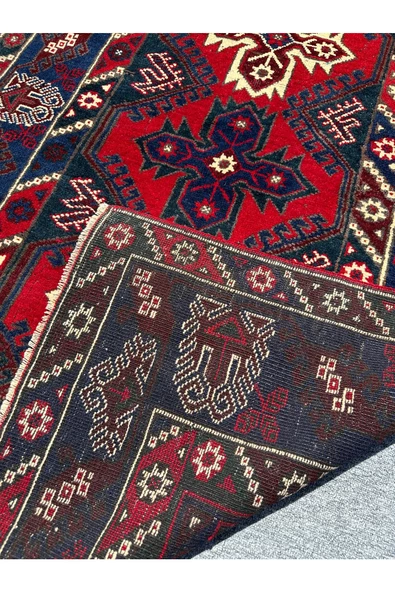 El Dokuma Döşemealtı Halısı 118x190 Kırmızı Lacivert Kök Boya Yün Halı - Resim 3