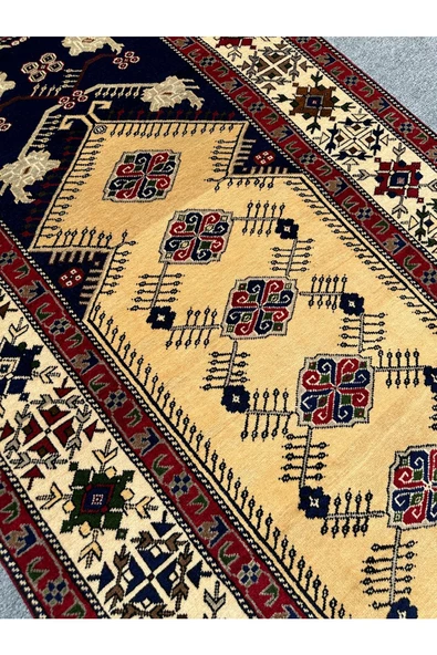 EL DOKUMA TAŞPINAR HALISI ÇEYİZLİK HEDİYELİK BÜYÜK SECCADE 136X236 LACİVERT KREM YÜN NAMAZLIK - 4