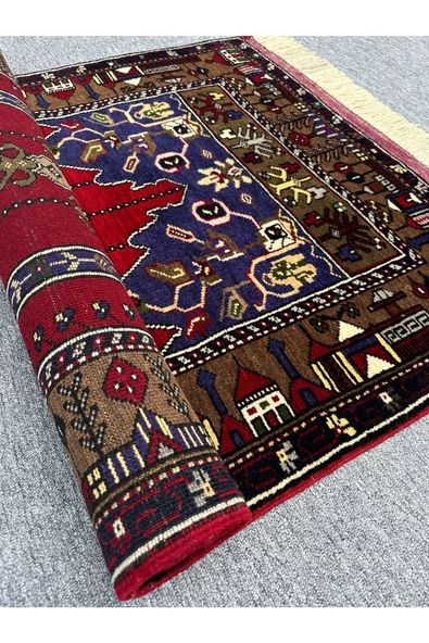 EL DOKUMA YAHYALI HALISI SECCADE 100X200 KIRMIZI LACİVERT KÖK BOYA YÜN NAMAZLIK - 8