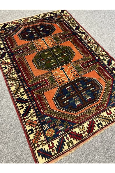 El Dokuma Taşpınar Halısı 102X150 Kiremit Lacivert Yeşil %100 Yün Kök Boya Halı - 2
