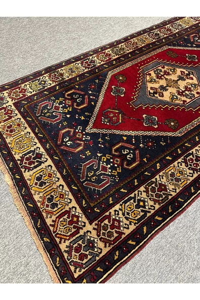 EL DOKUMA YAHYALI TÜRK HALISI 110X200 LACİVERT KIRMIZI %100 YÜN HALI ! - Resim 2