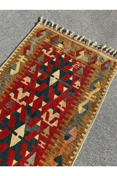 EL DOKUMA KİLİM 87X285 KÖK BOYA %100 YÜN KIRMIZI MAVİ KİLİM YOLLUK - Resim 4