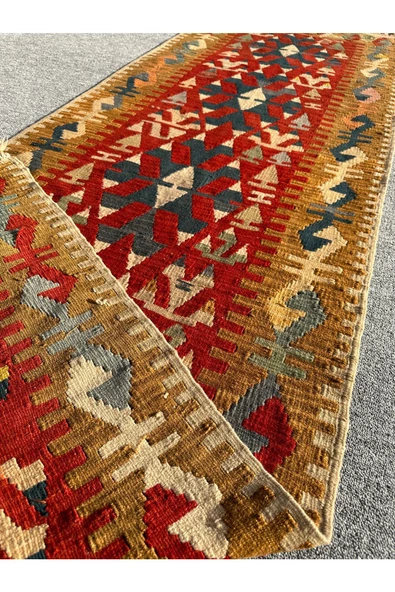 EL DOKUMA KİLİM 87X285 KÖK BOYA %100 YÜN KIRMIZI MAVİ KİLİM YOLLUK - Resim 5