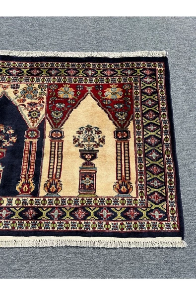 El Dokuma Afgan Halısı Saf Seccade Namazlık 86x152 Yeşil Lacivert Krem %100 Yün ! - 4