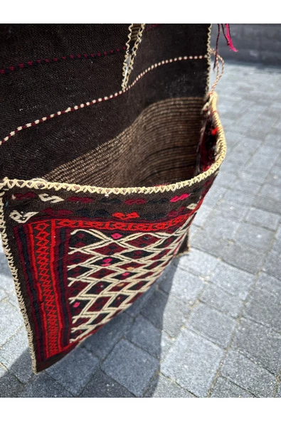 El Dokuma Yağcıbedir Kilim Heybe 45x130 Kahve Kırmızı Kök Boya Heybe - Resim 8