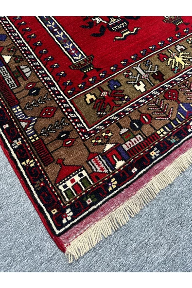 EL DOKUMA YAHYALI HALISI SECCADE 100X200 KIRMIZI LACİVERT KÖK BOYA YÜN NAMAZLIK - 3