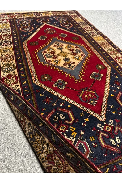 EL DOKUMA YAHYALI TÜRK HALISI 110X200 LACİVERT KIRMIZI %100 YÜN HALI ! - Resim 6