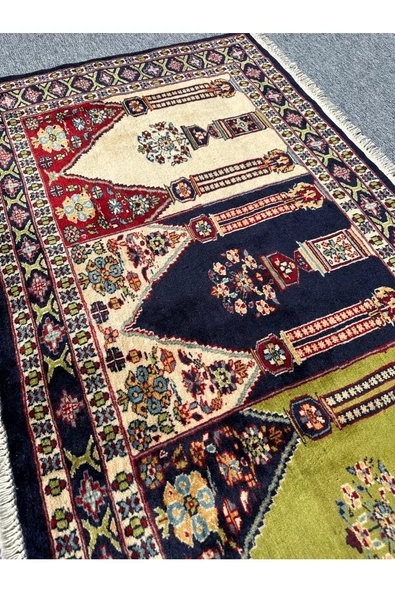 El Dokuma Afgan Halısı Saf Seccade Namazlık 86x152 Yeşil Lacivert Krem %100 Yün ! - 5