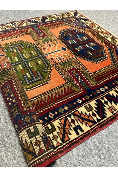 El Dokuma Taşpınar Halısı 102X150 Kiremit Lacivert Yeşil %100 Yün Kök Boya Halı - 8