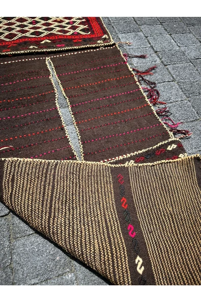 El Dokuma Yağcıbedir Kilim Heybe 45x130 Kahve Kırmızı Kök Boya Heybe - Resim 6
