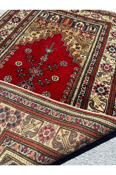 El Dokuma Bünyan Halısı Seccade 90x140 Kırmızı Yeşil Yün Seccade - 4