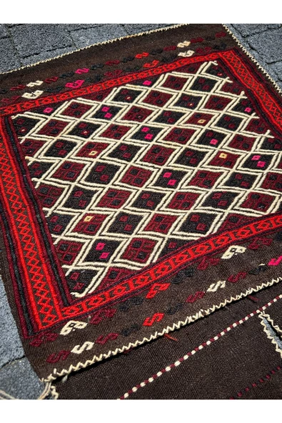 El Dokuma Yağcıbedir Kilim Heybe 45x130 Kahve Kırmızı Kök Boya Heybe - Resim 4